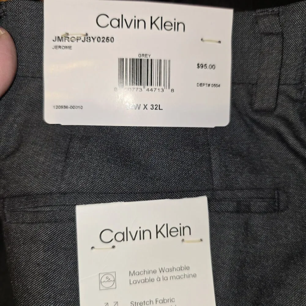 Calvin Klein Mens Slim Fit Dress Pants 34x32 Grey Solid Stretch NWT